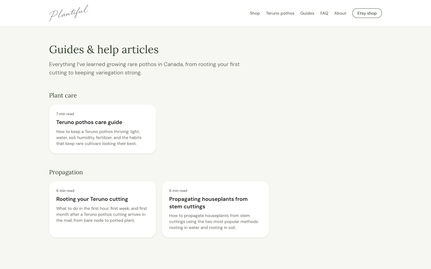 Plantiful guides page on desktop listing plant care and propagation articles