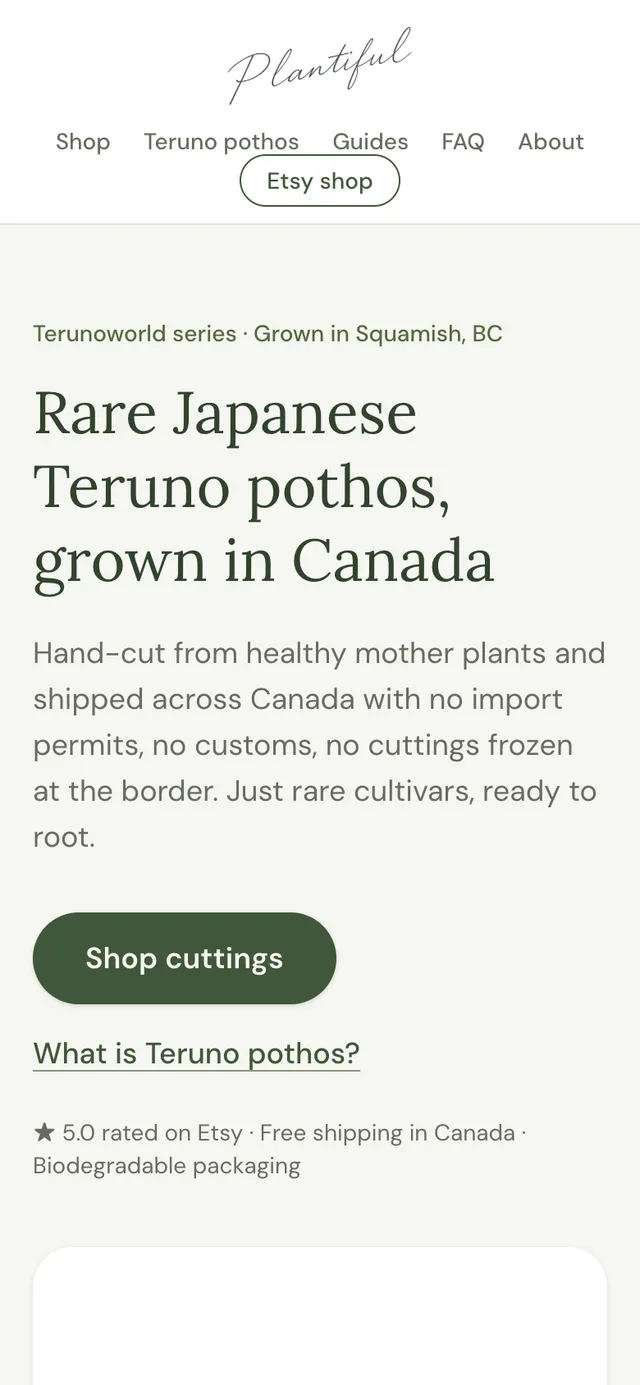 Plantiful home page on a phone with the same headline, photography, and shop button