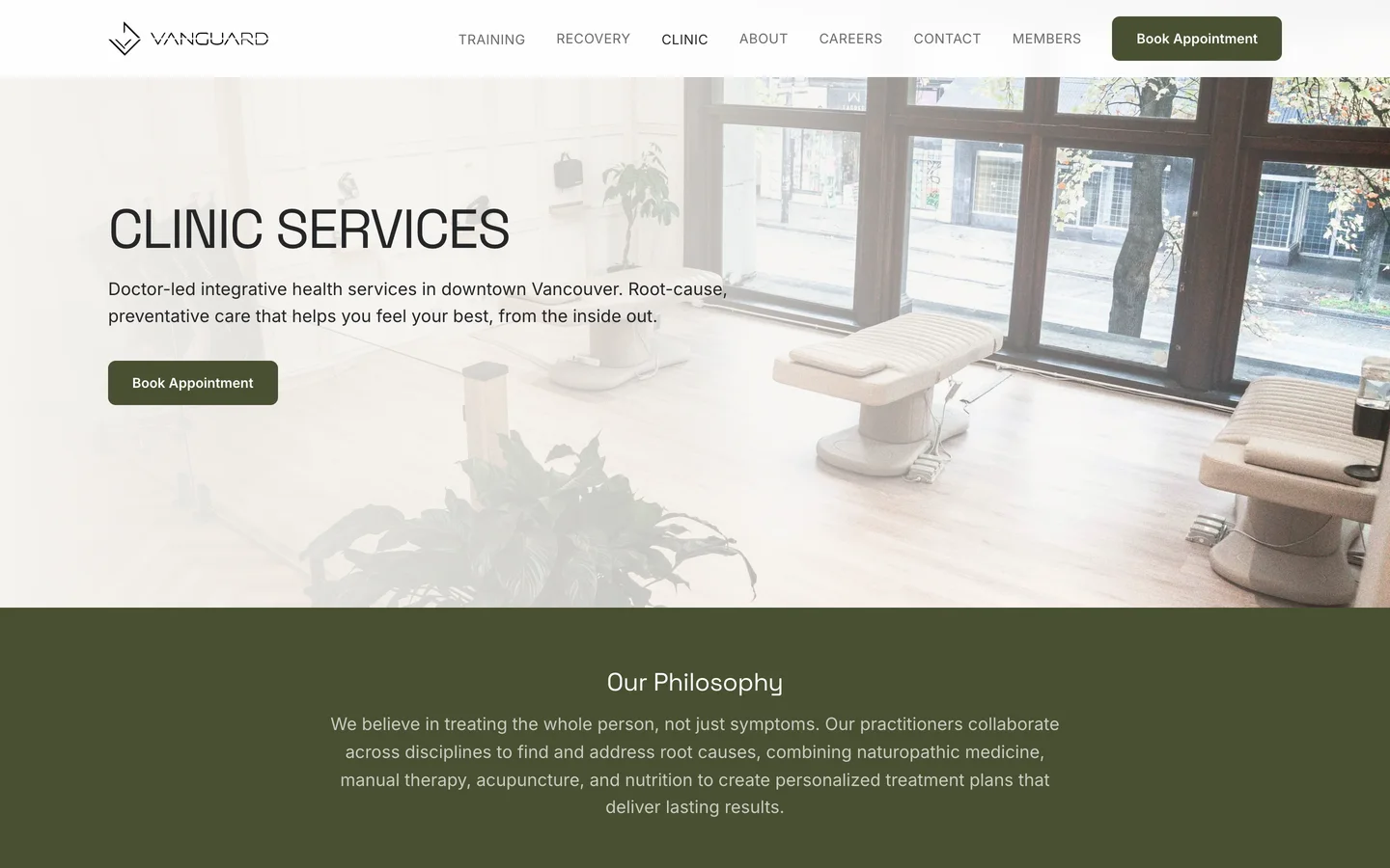 Vanguard Performance clinic page on desktop listing clinical services and practitioners
