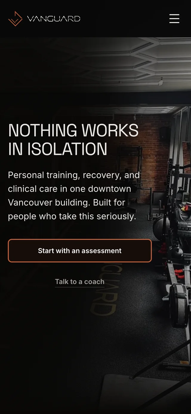 Vanguard Performance home page on a phone, with the same hierarchy and assessment call to action